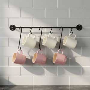 Support mural en métal pour tasses avec 6 crochets pour rangement de cuisine, design minimaliste, finition peinture cuite durable, à un seul niveau - Product Image 1