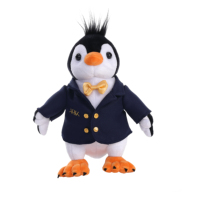 Peluche Pingouin Gentleman en Costume Bleu Foncé avec Nœud Papillon Doré, Logo Brodé Personnalisé, Jouet en Peluche