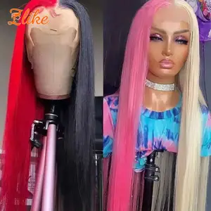 Split hair color human hair wigs half pink half blonde half black lace frontal human hair wigs two tone colors Lce Front wigs 1