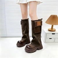 Bottes hautes pour femmes, tige en microfibre, talon épais, semelle plateforme, décoration de poche, semelle extérieure en caoutchouc, style européen