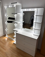 Meilleures ventes 2026 Coiffeuse moderne avec panneau MDF blanc, miroir amovible éclairé par LED et chaise, pour chambre et salon, mobilier de maquillage