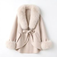 Manteau en laine double face pour femme avec garniture en fausse fourrure de renard, longueur standard, chaud et élégant pour l'hiver, vente en gros OEM ODM