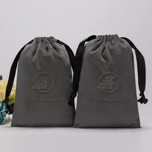 Custom Logo Embossed Grey Soft Luxury Velvet Gift Drawstring Bag For Jewelry Perfume Essential Oil Crafts Velvet Bag Pouch