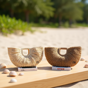 Borsa in Carta Intrecciata Semi-Circolare 46x33Cm, Borsa a Mano e a Tracolla - Product Image 2