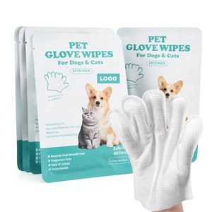 Gants de toilettage jetables pour animaux de compagnie avec logo personnalisé, lingettes 1 pièce, blanches, hypoallergéniques, nettoyage sans eau, lingettes humides pour chiens et chats - Product Image 1