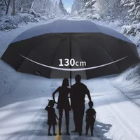 Parapluie surdimensionné de 130 cm à trois plis avec revêtement noir coupe-vent, imperméable, protection solaire et pluie, idéal pour les voyages et l'usage familial