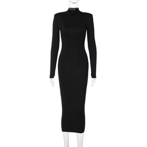 Vestidos de Mujer, Nuevas Llegadas, <span class=keywords><strong>Vestido</strong></span> Ajustado Negro de Manga Larga con Cuello Alto y Hombros Acolchados, Estilo Casual - Product Image 4