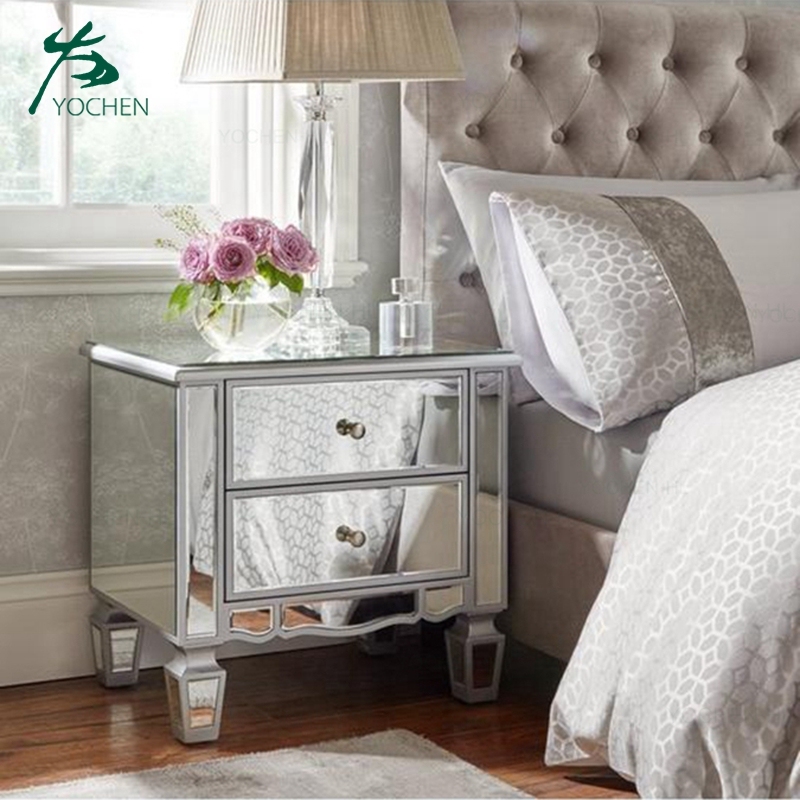 Stylish mirrored nightstand with 2drawers silver mirror cabinet bedroom furniture
