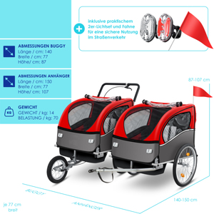 Rimorchio per Bicicletta 2 in 1 per Bambini, Passeggino Jogger, Carrello Trasporto <span class=keywords><strong>Bici</strong></span> per 2 Bambini - Product Image 4