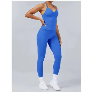 Costume de yoga beau dos licou solide hanche ascenseur ensembles de sport séchage rapide haut sans manches Scrunch bout à bout Leggings costumes de course - Product Image 3