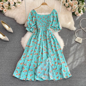 2023 Premium verano nuevo estilo francés suave dulce cuello cuadrado Puff manga corta cintura ajustada adelgazamiento hendidura A-Line <span class=keywords><strong>vestido</strong></span> Casual - Product Image 6