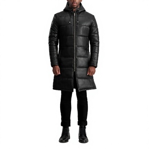 <b>Men's</b> Genuine <b>Leather</b> Eco-Friendly Breathable Waterproof Anti-Wrinkle Mandarin Collar Double Breasted <b>Long</b> Winter Overcoat - Product Image 2