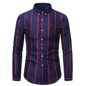 Nieuwe Mode Slank 100% Polyester Ademende Lange Mouwen Bedrukt Heren Kantoor Heren Heren Strip Jurk Shirts