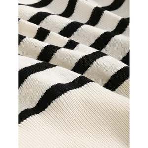 Women's Black and White Striped Polo Collar Short Sleeve 100% <b>Viscose</b> Knit <b>Top</b> - Product Image 5