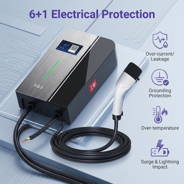 7KW 11kw 22kW Wallbox EV Charger with 4.3" Screen or LED, Type B RCD, TPU Cable, Card Start, IP65,CE/TUV/UKCA EV Charger