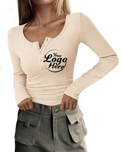 Camisa de algodón para mujer, camisetas de manga larga de otoño 2025, blusa básica informal ajustada de punto acanalado con botones - Product Image 5