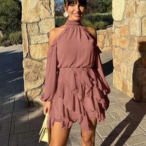 Robe courte en mousseline de soie à volants, col halter, épaules dénudées, T-1223, robes décontractées d'été pour femmes - Product Image 1