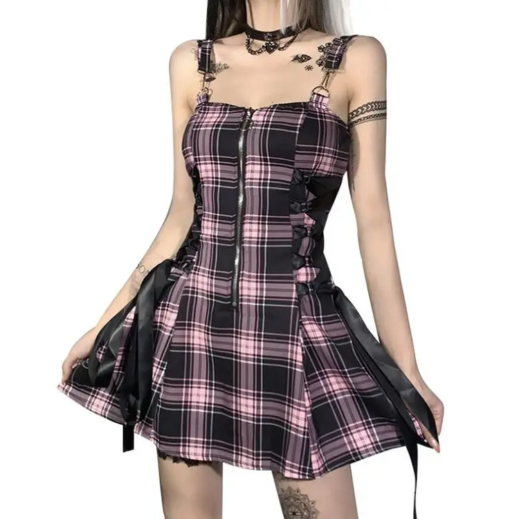 Wholesale Gothic Tank Dress Fashion Side Lace-Up Plaid Dress Cute Suspender Zipper Slim Fit Dress for Women