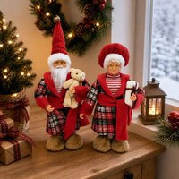 Ensemble de figurines en peluche rétro Père Noël et Mère Noël, 18 pouces, polyester, Père Noël et Mère Noël debout Poupées en tenues à carreaux pour cheminée ou table