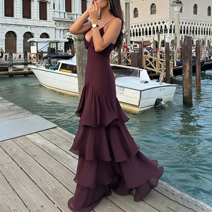 Abito Lungo da Festa Senza Maniche con Schiena Scoperta e Scollo a V per Donna, Elegante Vestito Primaverile a Linea A con Volant e Spalline Sottili - Product Image 6