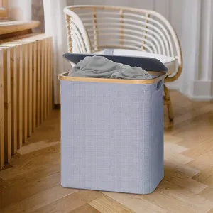 Bamboo Foldable Laundry Bag Hamper Storage With Removable Bag Collapsible Laundry Basket Organizer With Lid For Home Grey
