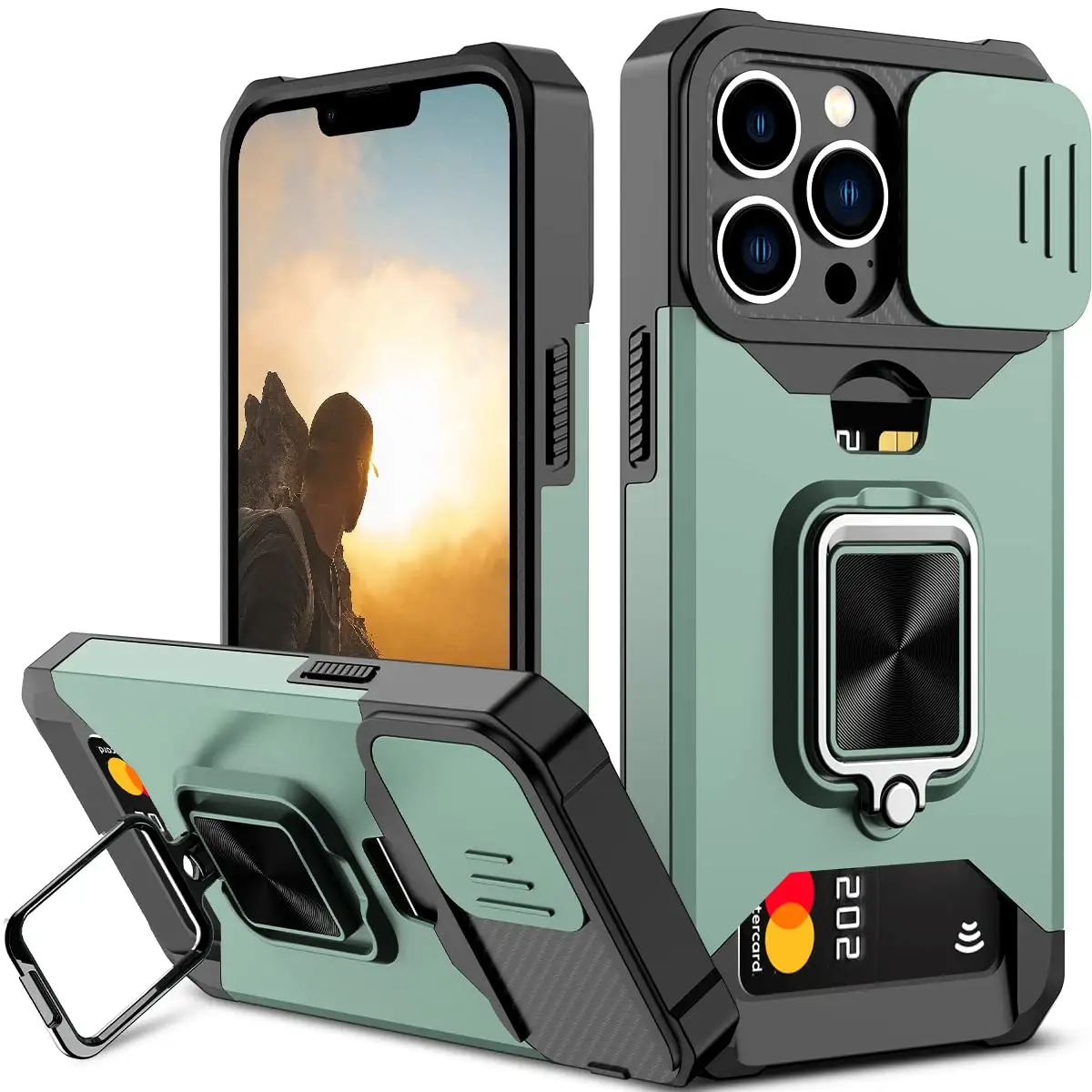 For iPhone 13 14 pro max Heavy Duty Armored Phone Case with Card Holder Men's Slider Camera Cover Phone Case with Ring Holder