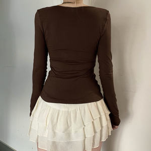 Women's <b>Brown</b> <b>Long</b> <b>Sleeve</b> V Neck Slim Fit <b>Top</b> with Floral Print Stretchy Elegant Casual Party Fashion <b>Top</b> 2026 New Style - Product Image 5