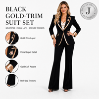 Ensemble de costume pour femme noir avec garniture dorée, blazer à revers décoratifs et manches longues, pantalon large, pour occasions formelles, pour acheteurs en gros