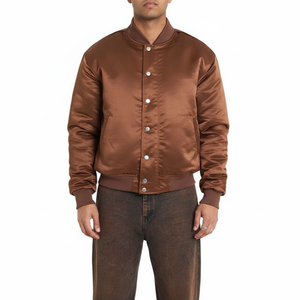 แจ็คเก็ตบอมเบอร์แจ็คเก็ตผ้าซาตินสำหรับผู้ชายแจ็คเก็ตลำลองมีกระดุมเสื้อกีฬาเบสบอลวิทยาลัยดีไซน์ตามสั่ง - Product Image 1