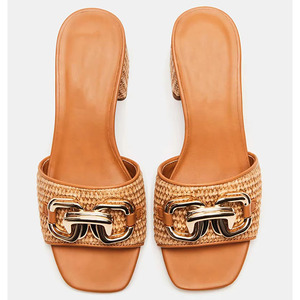 Sandali da Donna con <span class=keywords><strong>Tacco</strong></span> Spesso e Punta Quadrata in Rafia Intrecciata con Chiusura in Metallo Dorato, Stile Retrò, Prezzo di Fabbrica - Product Image 3