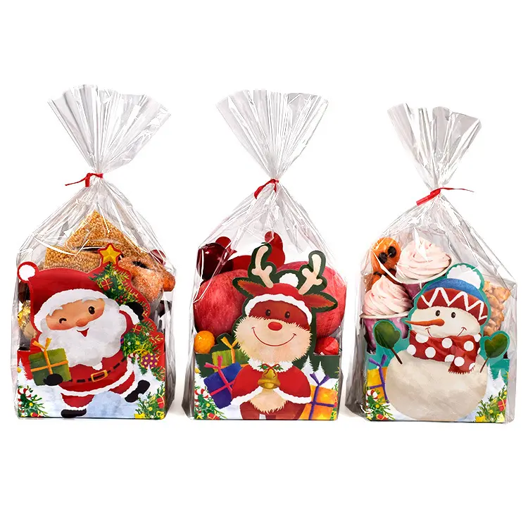 カスタムOppスクエアボトムプラスチッククリスマスフードスナックバッグクリスマスセロハンバッグプラスチッククリスマスギフトキャンディー用クリアバッグ