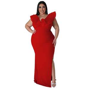 Elegante Vestido de Noche Clásico Talla Grande con Cuello en V, Sin Mangas, Cintura Alta y Abertura Lateral para Mujer - Product Image 3