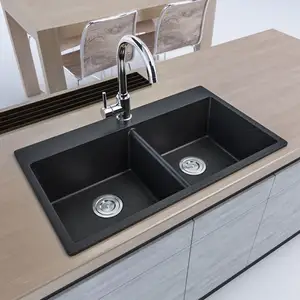 Bát đôI bề mặt rắn thạch anh Composite Granite hiện đại Matt Đen undermount nông dân Bồn Rửa Nhà Bếp