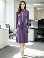 Robe Midi Moulante Femme Automne de Haute Qualité en Laine Acrylique avec Gilet Superposé à Col Semi-Montant et Ourlet Volanté à Taille Cordonnée