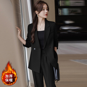 Women's Black Suit Set Solid Color Polyester <b>Winter</b> Warm Casual Workwear With Pocket - Product Image 1