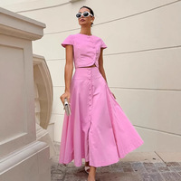 Ensemble haut rose et jupe longue style français H-8510, élégant et chic