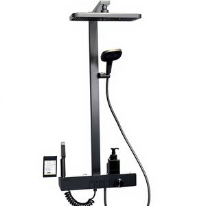 Ensemble de douche thermostatique LED <span class=keywords><strong>noir</strong></span> avec barre coulissante en acier inoxydable, jets de pluie et de main, finition mate et polie, pour appartement et hôpital - Product Image 1