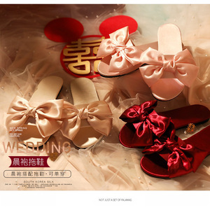Wedding Bridesmaid Slippers Red Satin Bow Women's Morning Robe Match Flats Size 36 37 38 39 40 41 - Product Image 1