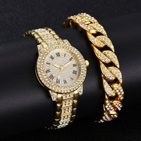 Gelang baja angka Romawi berlian penuh jam tangan Quartz Bisnis elegan modis Set jam tangan gelang berlian penuh Hip Hop