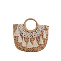 Sac à main demi-lune en raphia pour femme, sac de plage en paille avec deux poignées et décoration lettre