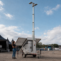 Tour d'éclairage solaire LED mobile portable avec 4 projecteurs de 150W, mât télescopique de 7m, tour d'éclairage montée sur remorque