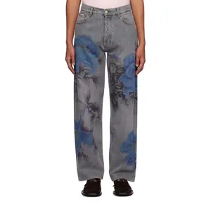 Jeans en denim personnalisés pantalons pour hommes Décoloration et motifs floraux imprimés partout Jeans baggy en denim non extensible