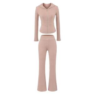 Ensemble décontracté en coton pour femmes, veste en tricot unie à fermeture éclair intégrale et pantalon évasé à revers aux genoux, 2 pièces - Product Image 4