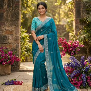 Sari indien traditionnel bleu turquoise brodé pour femme, longueur ras du sol, tenue ethnique avec bordure argentée - Product Image 1