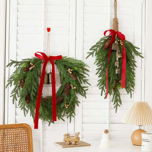 Christmas PE Wreath and <b>Garland</b> Set with Bells Red Bow Pre-lit Real Touch <b>Pine</b> Swag for Front Door Wall Decor - Product Image 4