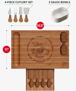 Ensemble de planche à <span class=keywords><strong>fromage</strong></span> en bambou pour charcuterie <span class=keywords><strong>Plateau</strong></span> de service unique avec 2 bols à sauce et 4 couteaux pour le réchauffement de la maison et de nouveaux cadeaux pour la maison - Product Image 2