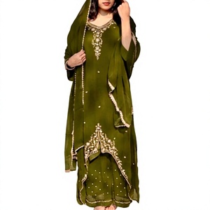 Salwar Kameez Negro Bordado con Trabajo de Espejos, Largo hasta el Suelo, Traje Tradicional Indio Pakistaní para Bodas, Poliéster - Product Image 1