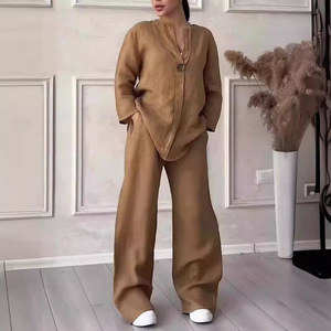 Boutique Wholesale <strong>2026</strong> Autumn New Fashionable Solid Casual V-neck Button Collarless Long Sleeved Pants <strong>Cotton</strong> Linen Women's Set - Product Image 6