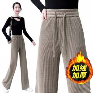 Pantalon long large en velours côtelé pour femme, doublure polaire épaisse, chaud, taille haute avec cordon de serrage, pantalon droit décontracté et tendance pour femme - Product Image 6
