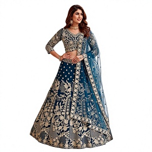 Lehenga Choli de luxe en soie bleu paon, avec broderie lourde en Zari argenté et sequins, Ghagra Choli évasé et Dupatta, pour mariage indien - Product Image 1